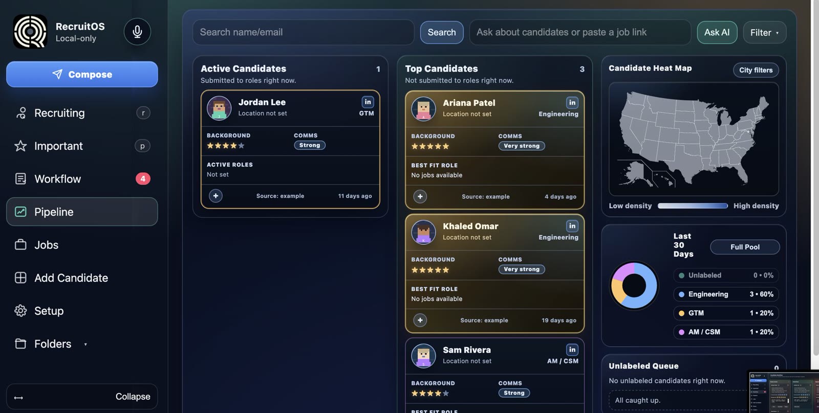 RecruitOS candidate pipeline dashboard