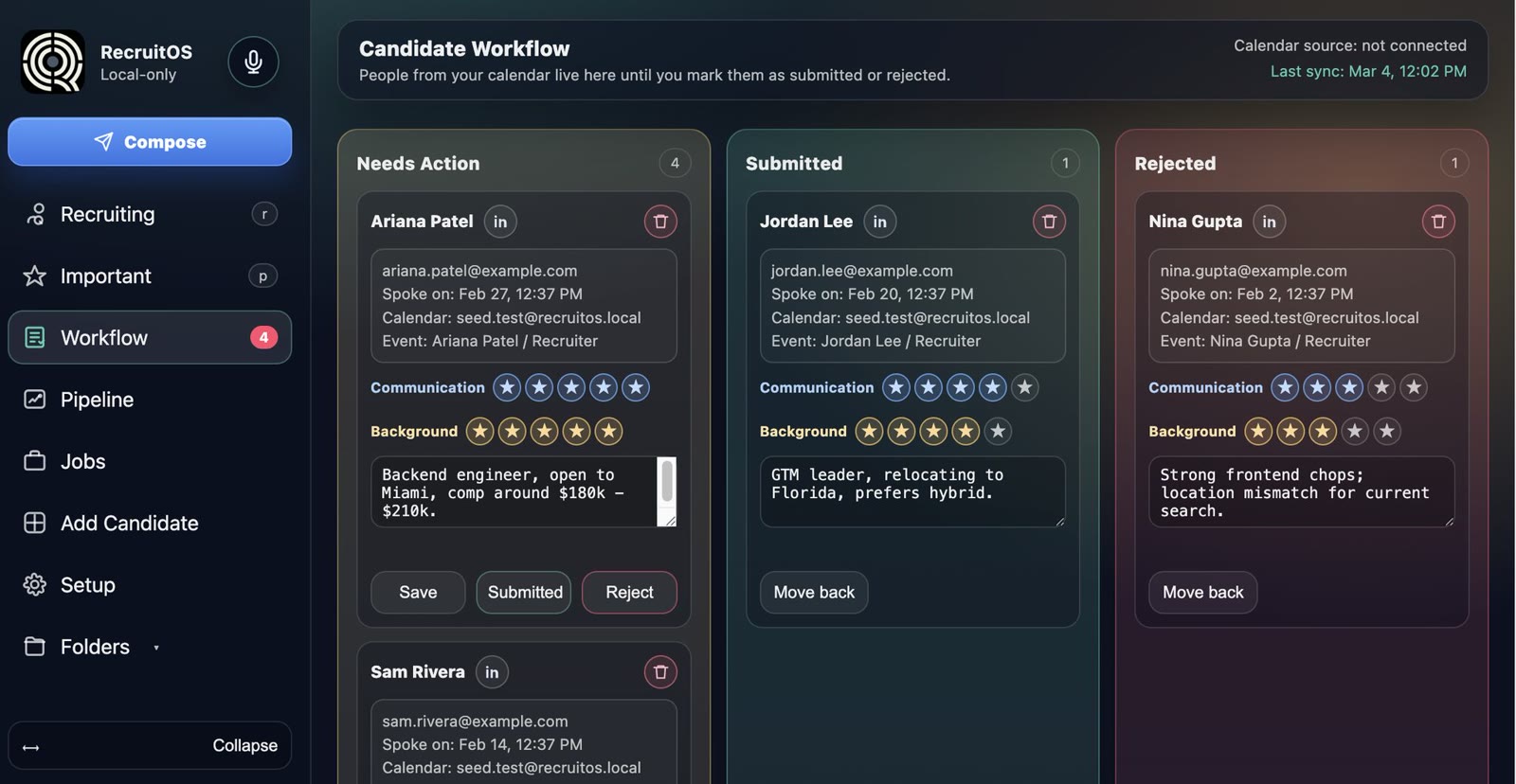 RecruitOS workflow showing candidates who need action, were submitted, or were rejected