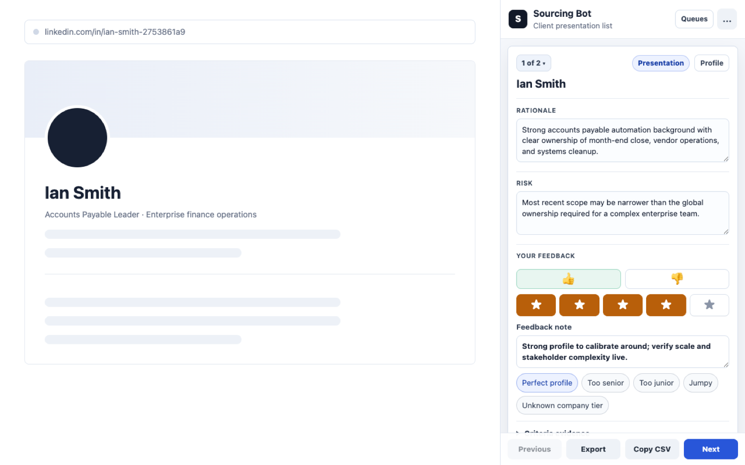 Sourcing Bot review panel